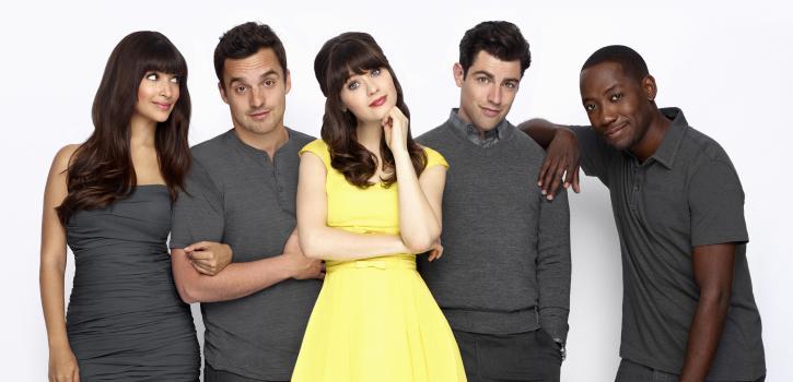 NEW GIRL: L-R: Hannah Simone, Jake Johnson, Zooey Deschanel, Max Greenfield and Lamorne Morris. (Alexi Hay/FOX)