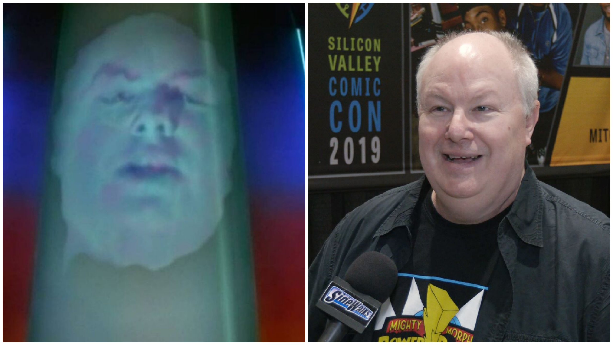 Two screens: David J. Fielding and his his famous role as Zordon in the iconic kids TV series Mighty Morphin Power Rangers