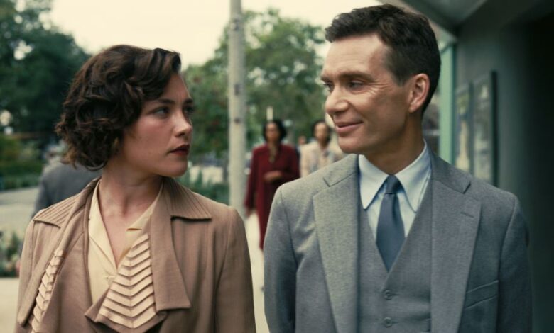 L to R: Florence Pugh is Jean Tatlock and Cillian Murphy is J. Robert Oppenheimer