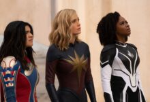 Iman Vellani as Ms. Marvel/Kamala Khan, Brie Larson as Captain Marvel/Carol Danvers, and Teyonah Parris as Captain Monica Rambeau