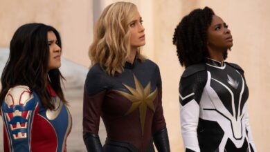 Iman Vellani as Ms. Marvel/Kamala Khan, Brie Larson as Captain Marvel/Carol Danvers, and Teyonah Parris as Captain Monica Rambeau