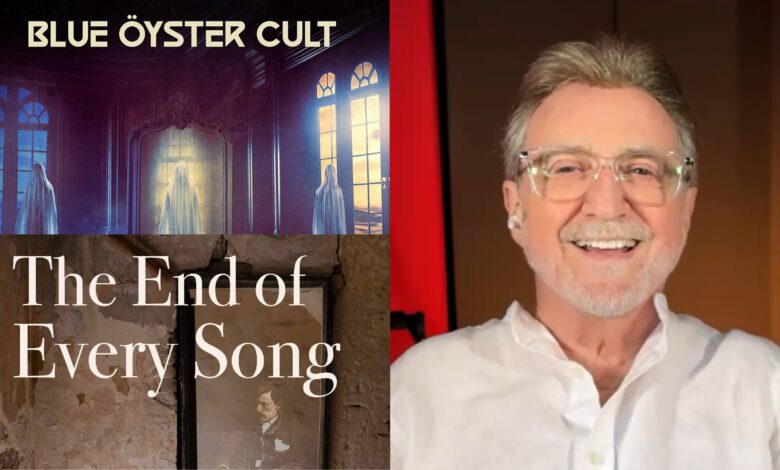 Buck Dharma with album covers: Blue Öyster Cult's latest album Ghost Stories and his solo effort The End of Every Song.