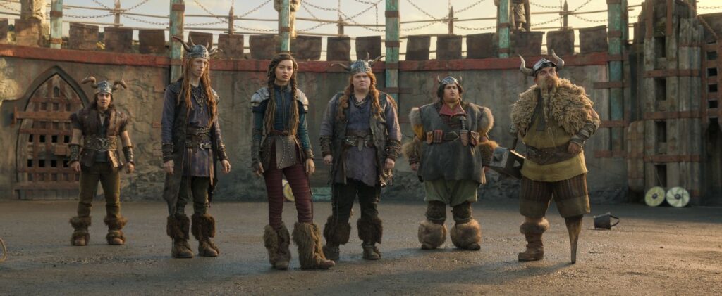 Snotlout (Gabriel Howell), Tuffnut (Harry Trevaldwyn), Astrid (Nico Parker), Ruffntut (Bronwyn James), Fishlegs (Julian Dennison) and Gobber (Nick Frost)