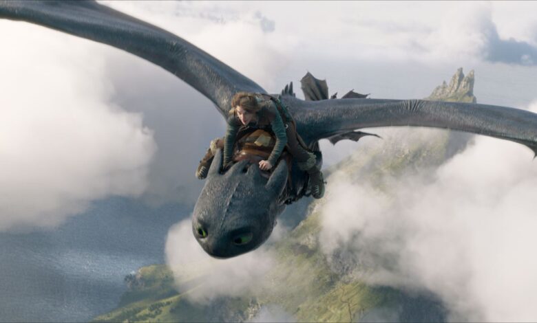 Night Fury dragon, Toothless, and Hiccup (Mason Thames)