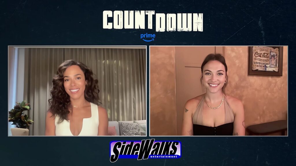 Jessica Camacho and Violett Beane in a two box with Countdown and Sidewalks logos