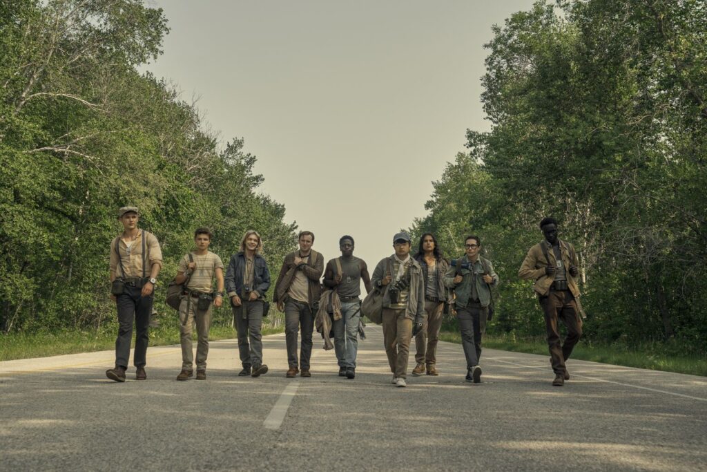 The cast walking Garrett Wareing, Roman Griffin Davis, Charlie Plummer, Cooper Hoffman, David Jonsson, Ben Wang, Joshua Odjick, Jordan Gonzalez, and Tut Nyuot.