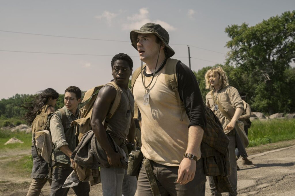In a still from the film, cast members Joshua Odjick, Jordan Gonzalez, David Jonsson, Cooper Hoffman, and Charlie Plummer.