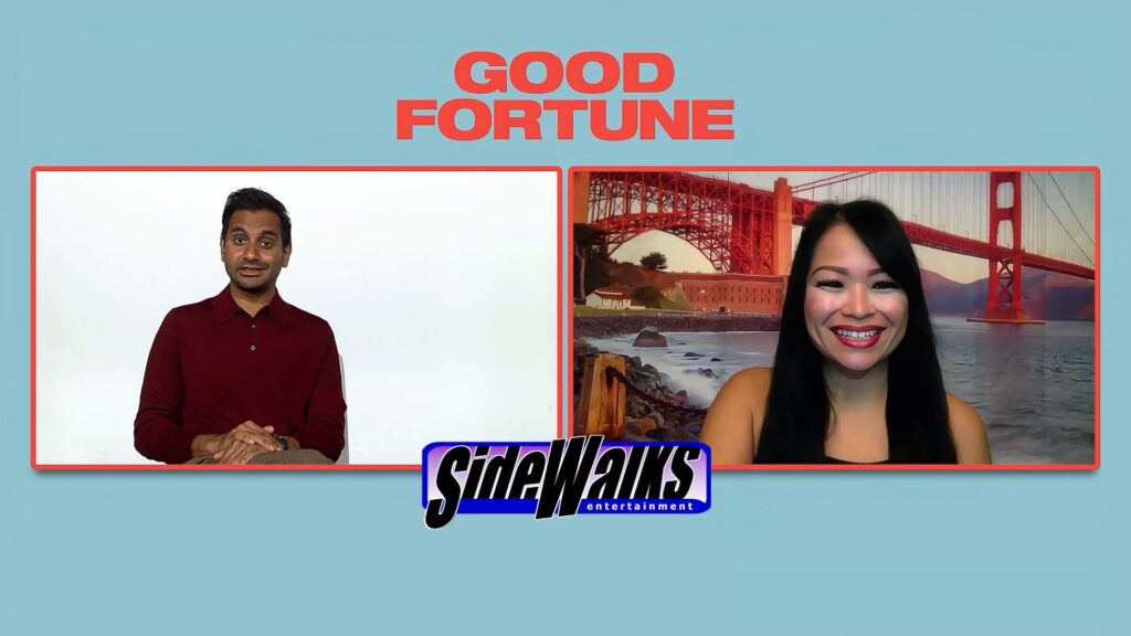 Aziz Ansari and host Lori Rosales in a two box with the film's title and the Sidewalks logo