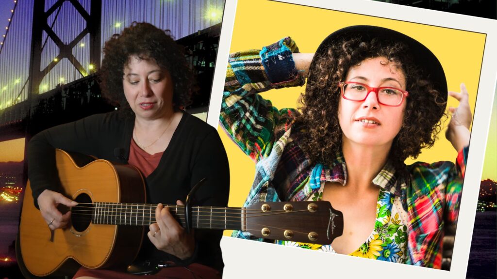 Emily official publicity photo and her performing with a guitar