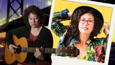 Emily official publicity photo and her performing with a guitar