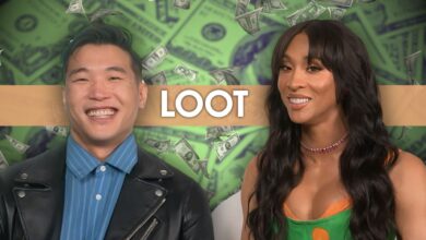 Joel Kim Booster and Michaela Jaé Rodriguez with Loot logo