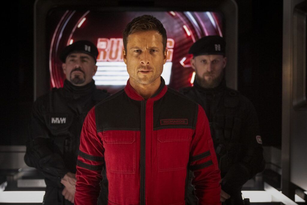 Glen Powell in a still from "The Running Man"
