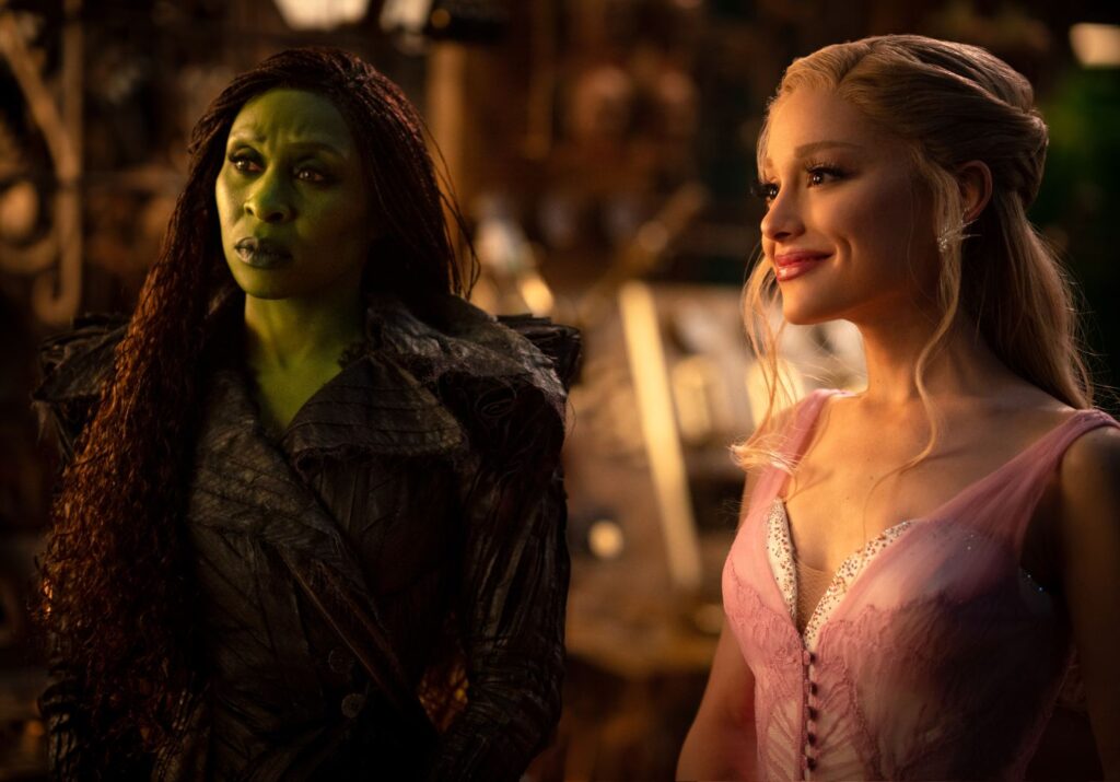 Cynthia Erivo is Elphaba and Ariana Grande is Glind in a still from Wicked: For Good