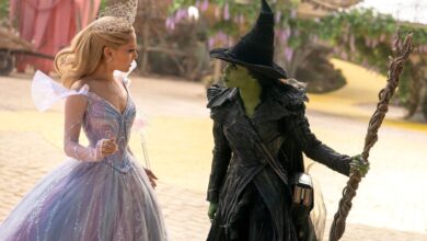 Ariana Grande is Glinda and Cynthia Erivo is Elphaba in a still from the film.