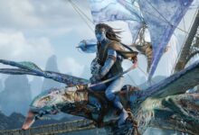 Jake Sully, a Na'vi warrior, rides an Ikran (mountain banshee) in flight above the floating Hallelujah Mountains of Pandora.