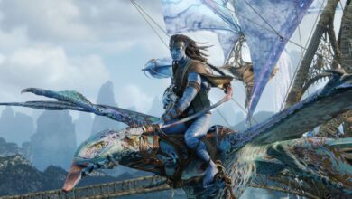 Jake Sully, a Na'vi warrior, rides an Ikran (mountain banshee) in flight above the floating Hallelujah Mountains of Pandora.