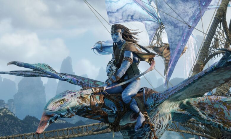 Jake Sully, a Na'vi warrior, rides an Ikran (mountain banshee) in flight above the floating Hallelujah Mountains of Pandora.