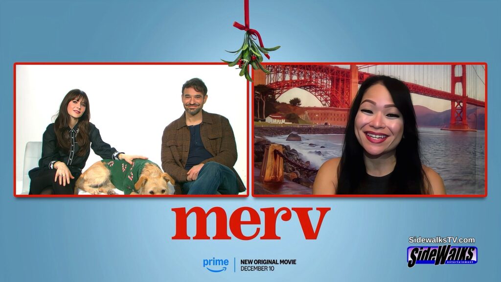 Host Lori Rosales and Zooey Deschanel, Charlie Cox with Gus in a two box with the movie's logo 