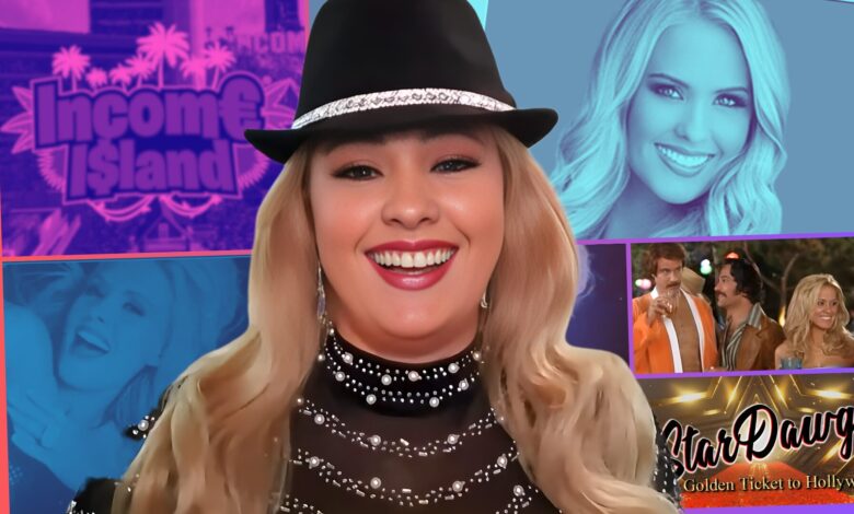 Darcy Donavan with a grid in the background with images of her