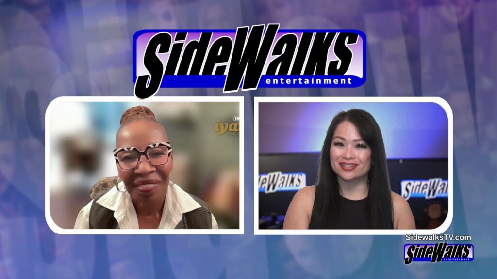 Iyanla Vanzant (left) and host Lori Rosales in a two box with the Sidewalks logo