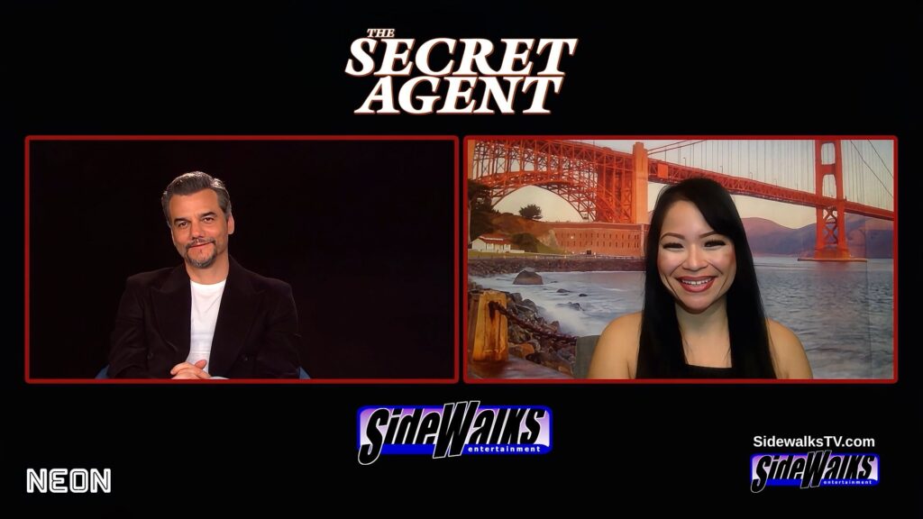 Two box with Wagner Moura and host Lori Rosales with the logos of the film and Sidewalks TV show