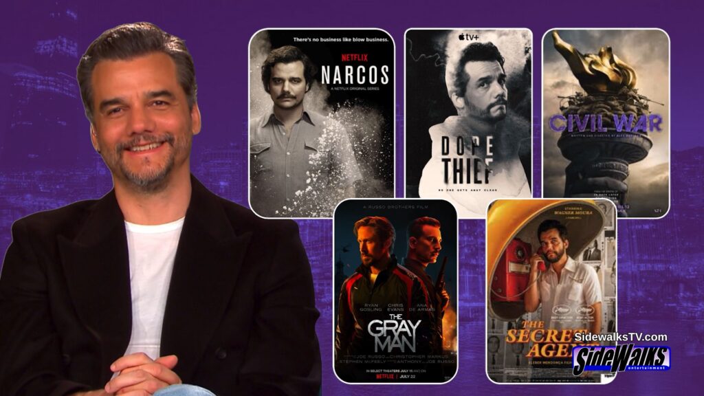 A smiling Wagner Moura with images of the posters of his projects.