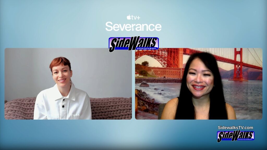 Split-screen interview for the Apple TV+ series "Severance" featuring actress Britt Lower and host Lori Rosales.