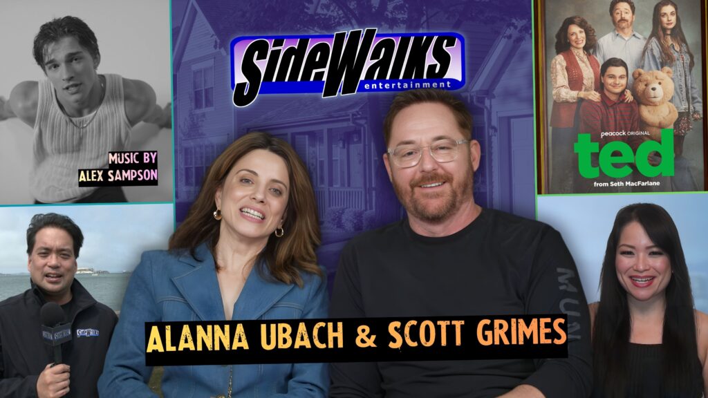 Collage with Alanna Ubach and Scott Grimes with Alex Sampson and hosts.