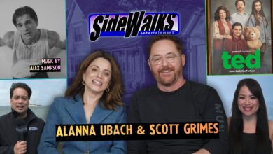 Collage with Alanna Ubach and Scott Grimes with Alex Sampson and hosts.