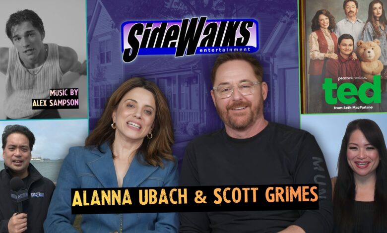 Collage with Alanna Ubach and Scott Grimes with Alex Sampson and hosts.