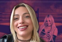 A close-up of a smiling Liv Morgan with a black choker and leather jacket, with a stylized purple-tinted background featuring a wrestling ring and another image of herself in wrestling gear.