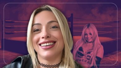 A close-up of a smiling Liv Morgan with a black choker and leather jacket, with a stylized purple-tinted background featuring a wrestling ring and another image of herself in wrestling gear.