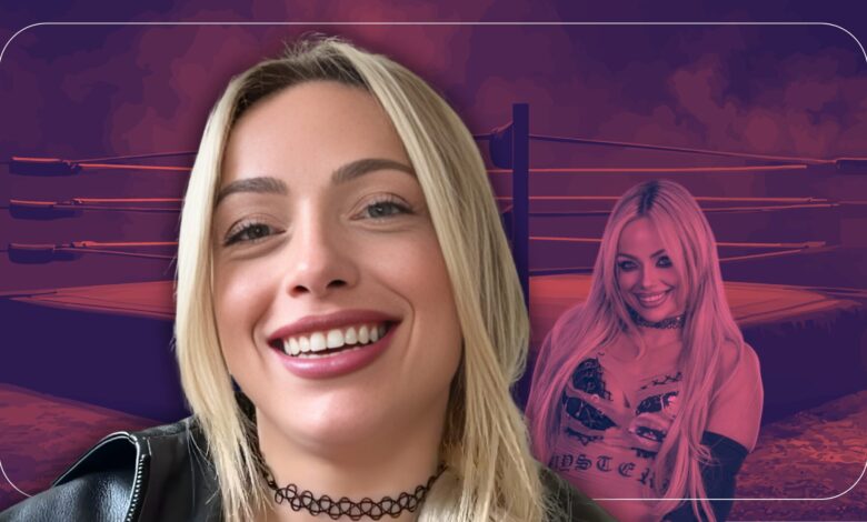 A close-up of a smiling Liv Morgan with a black choker and leather jacket, with a stylized purple-tinted background featuring a wrestling ring and another image of herself in wrestling gear.
