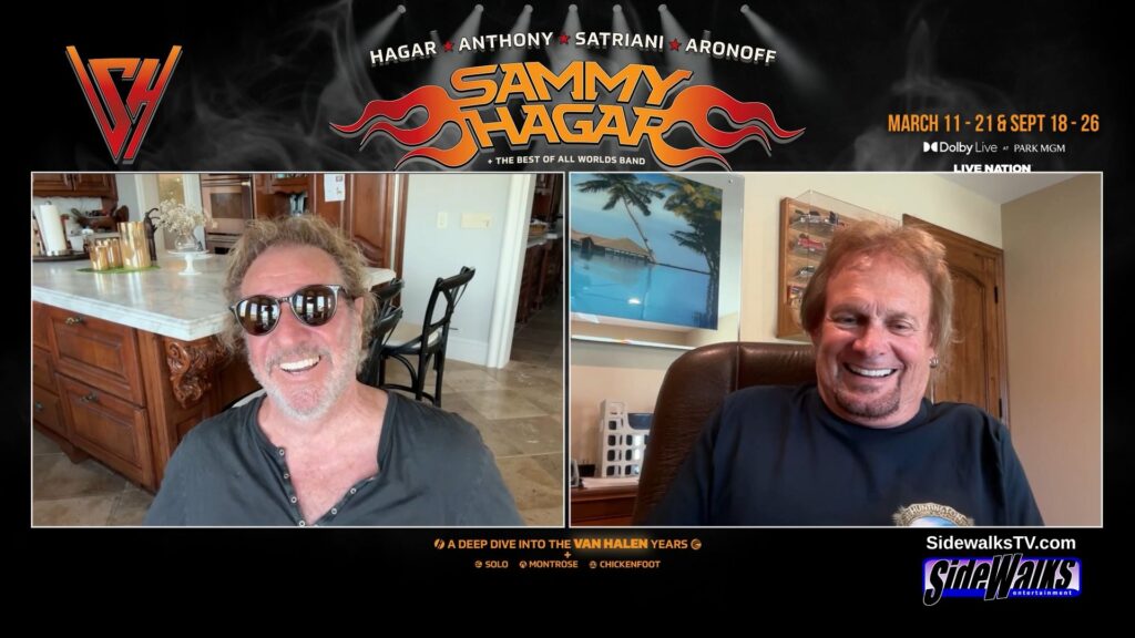 Split screen with Sammy Hagar and Michael Anthony, along with logo of the group and other information