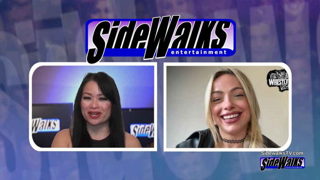 Spit screen of WWE's Liv Morgan and host Lori Rosales.