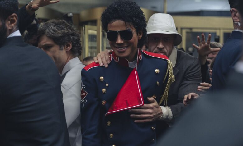 In a film still, Jaafar Jackson as Michael Jackson and KeiLyn Durrel Jones as Bill Bray in Michael.