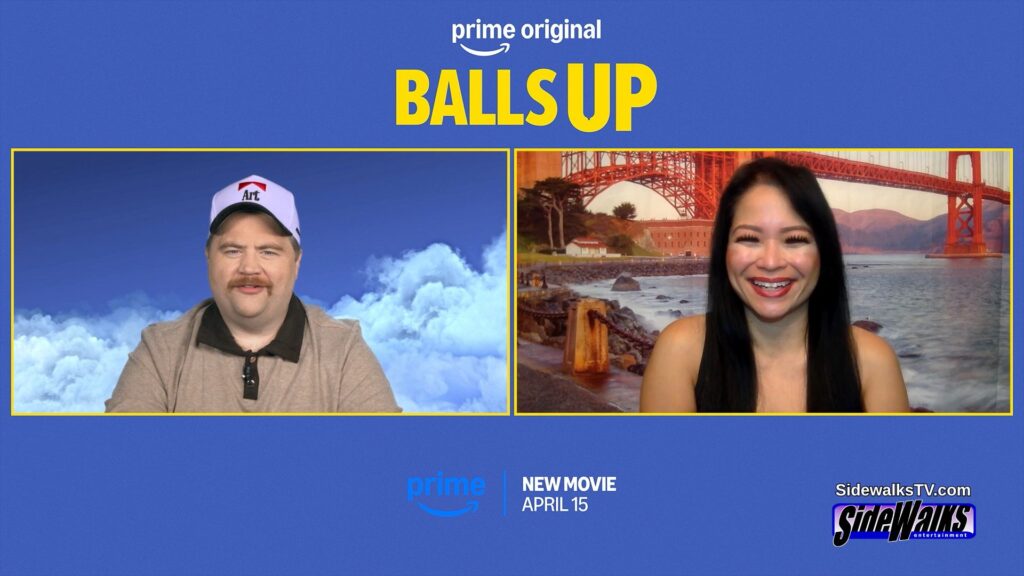 Split screen with Paul Walter Hauser and host Lori Rosales with movie logo