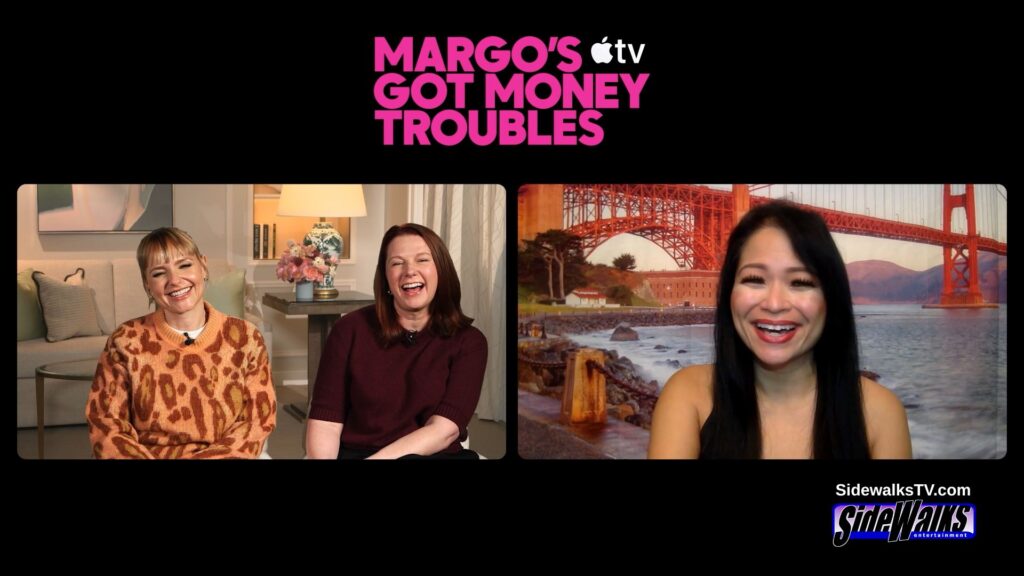 Rufi Thorpe and Eva Anderson with host Lori Rosales in a split screen. Also shown is the logo for " Margo's Got Money Troubles."