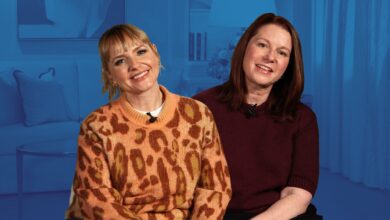 Rufi Thorpe and Eva Anderson with a blue-tinted background of the set.