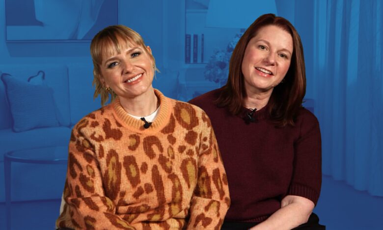 Rufi Thorpe and Eva Anderson with a blue-tinted background of the set.