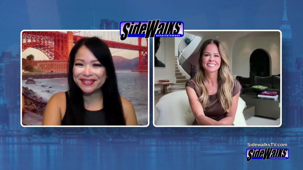 Split screen of Brooke Burke and host Lori Rosales with the Sidewalks logo