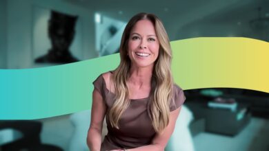 Brooke Burke with a wavy color line behind her