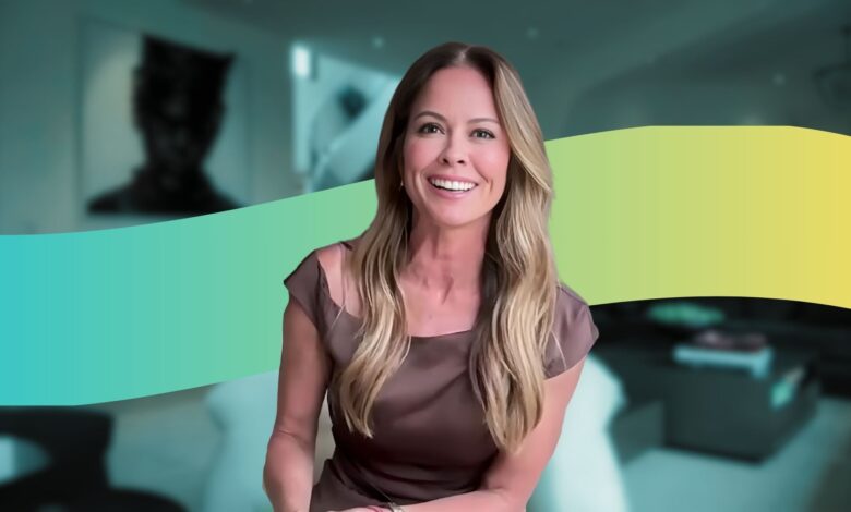 Brooke Burke with a wavy color line behind her