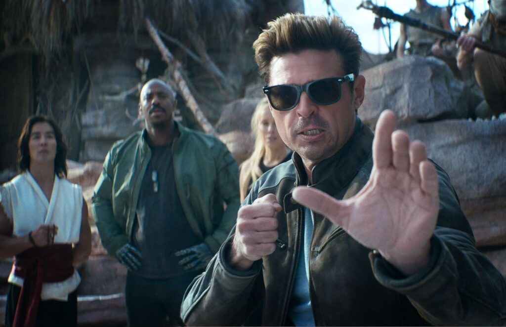 Ludi Lin as “Liu Kang”, Mehcad Brooks as “Jackson ‘Jax’ Briggs”, Jessica McNamee as “Sonya Blade”, and Karl Urban as “Johnny Cage” in a production still.