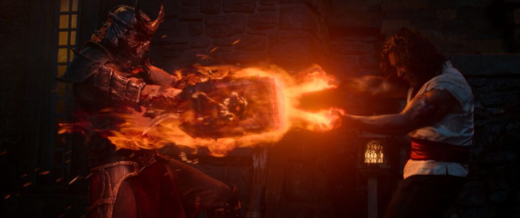 Martyn Ford as “Shao Kahn” and Ludi Lin as “Liu Kang” in a production still.
