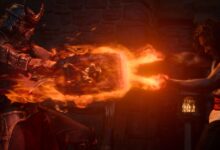 Martyn Ford as “Shao Kahn” and Ludi Lin as “Liu Kang” in a production still.