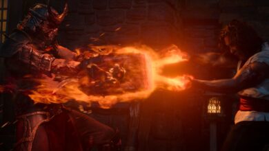 Martyn Ford as “Shao Kahn” and Ludi Lin as “Liu Kang” in a production still.