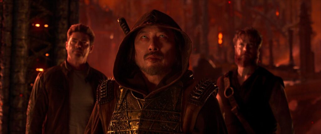 Karl Urban as “Johnny Cage”, Hiroyuki Sanada as “Scorpion”, and Josh Lawson as “Kano” in a production still.