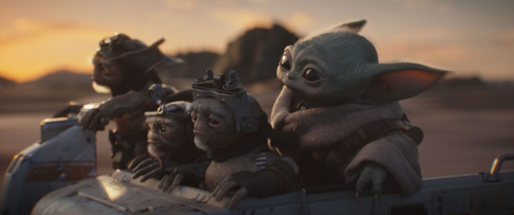 Bai, Clang, Keeto and Grogu in a little speeder.