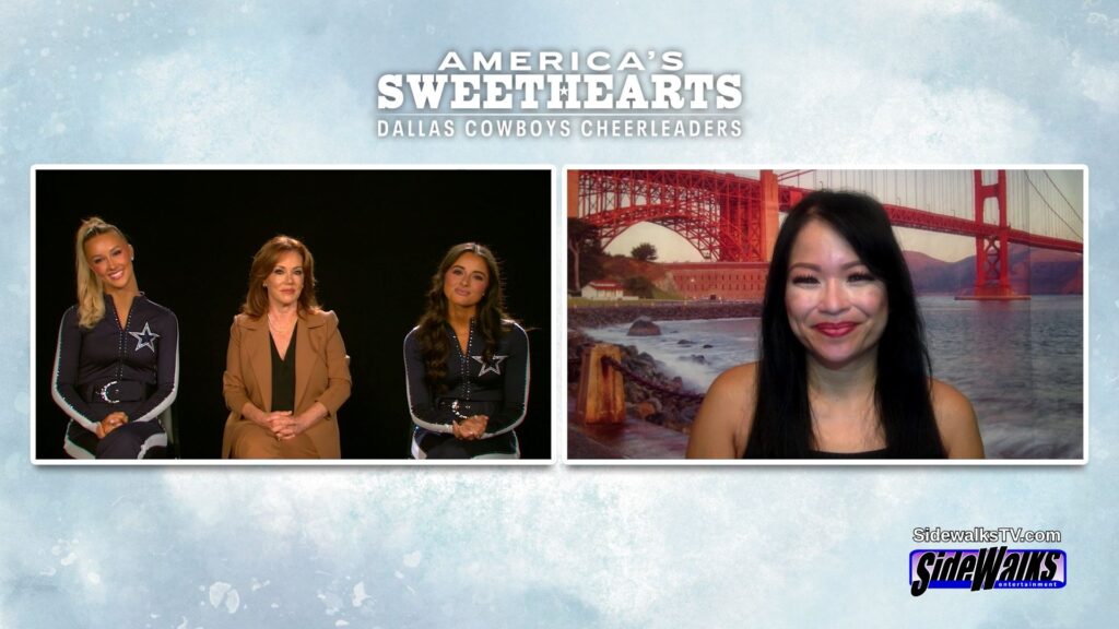 Split screen with Faith Ward, Kelli Finglass and Reece Weaver of the Dallas Cowboys Cheerleaders on the left and host Lori Rosales on the right. The title of show is shown.